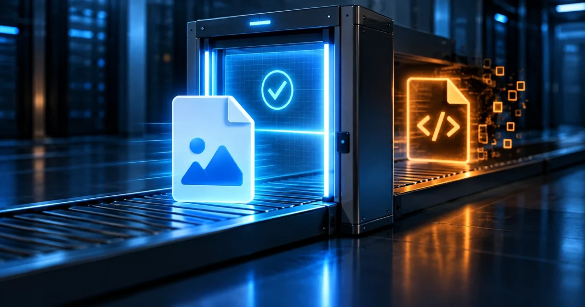 An image file passing a security scanner marked safe, emerging on the other side as a glowing amber PHP code file