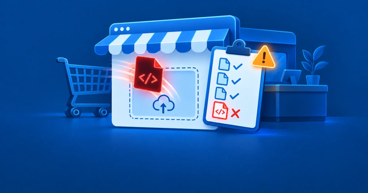 A storefront web page with an upload box as a red code file flies into it, beside a checklist that ticks image files and marks a code file with a red X, with a shopping cart and a warning sign