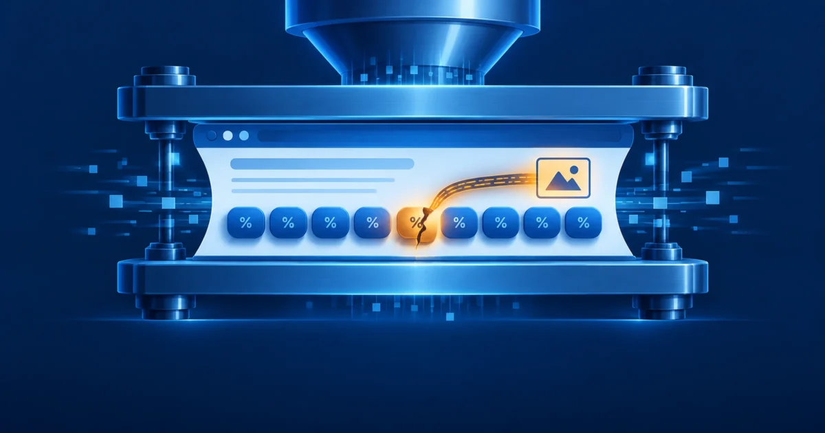 A browser window squeezed in a metal press, with a row of blue percent-sign tokens; one amber token is cracked open and a dotted amber line runs from it to an image icon
