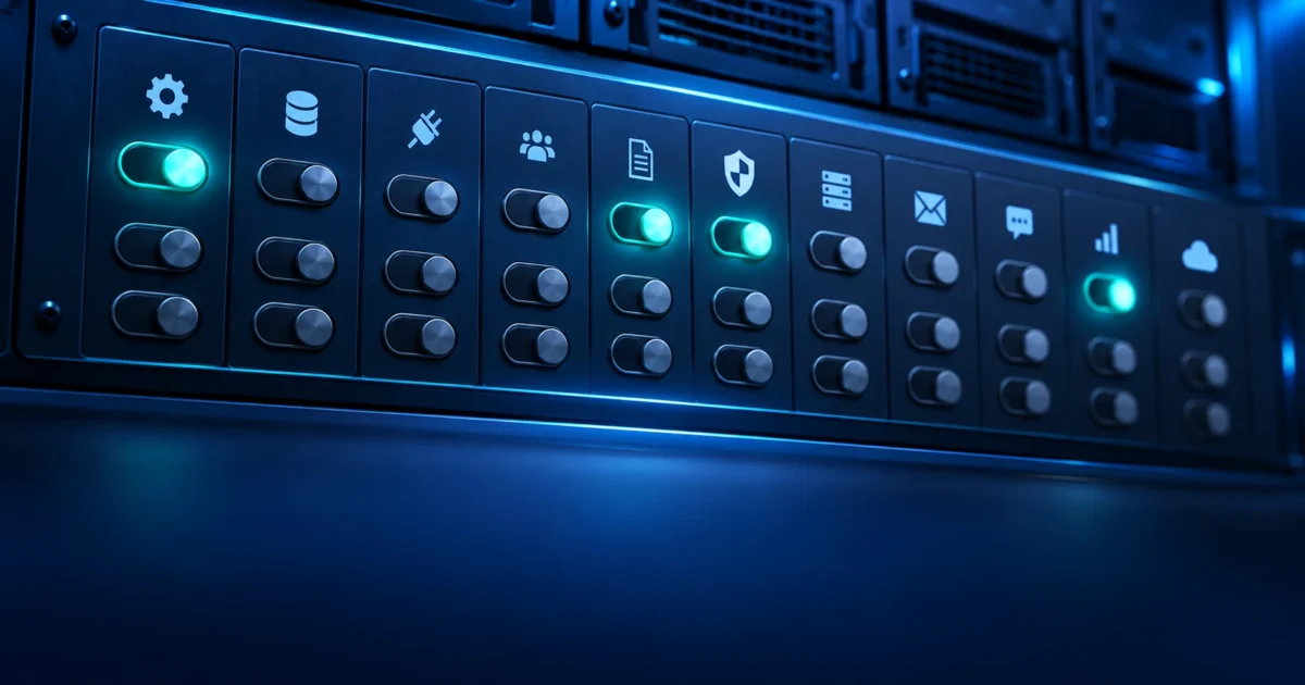 Server rack control panel with rows of toggle switches, most switched off and a few glowing teal