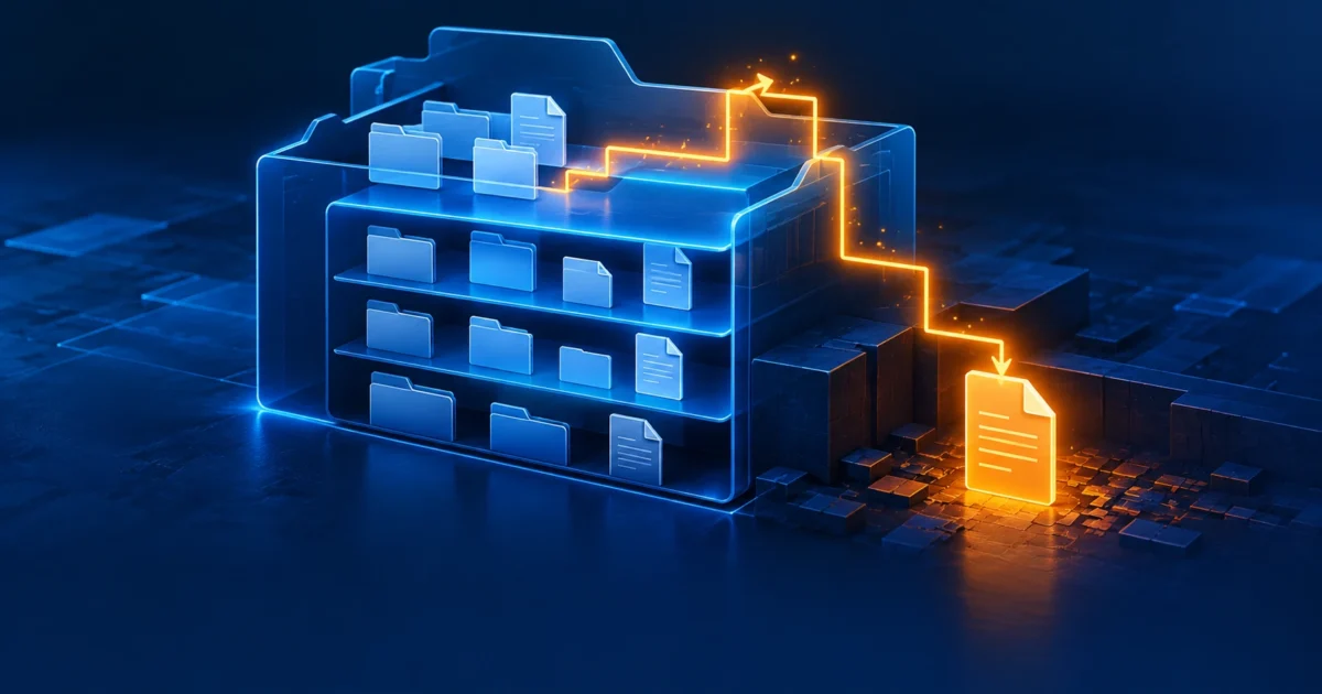 A glowing blue file cabinet of folders with an amber path escaping over its top edge and down to a file outside it