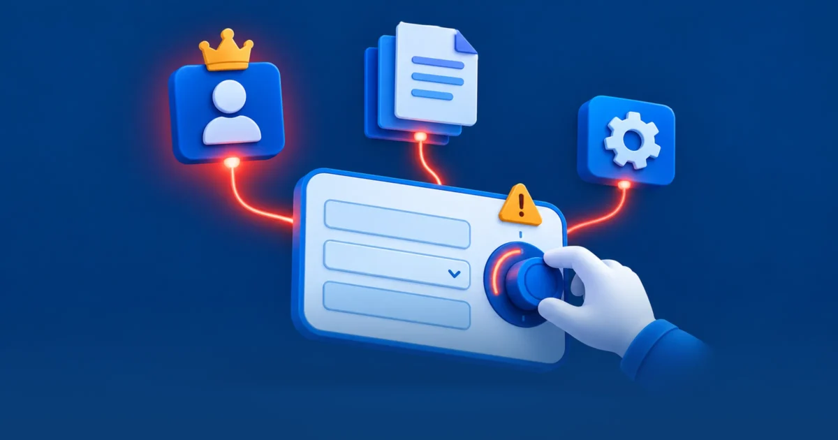 A gloved hand turning a dial on a web form, with glowing red lines running from the form to an administrator profile with a crown, a stack of documents and a settings gear, and a warning sign on the form