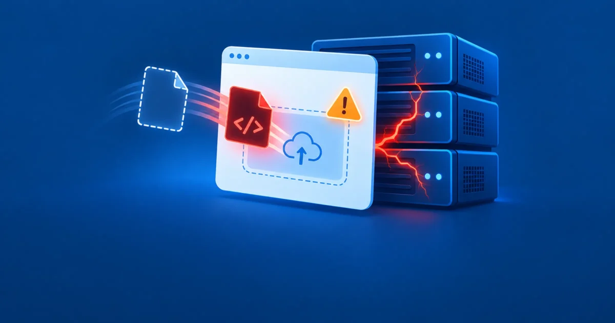 A red code file following an empty dashed file into a web upload form, with a warning sign and red cracks spreading across the server stack behind it