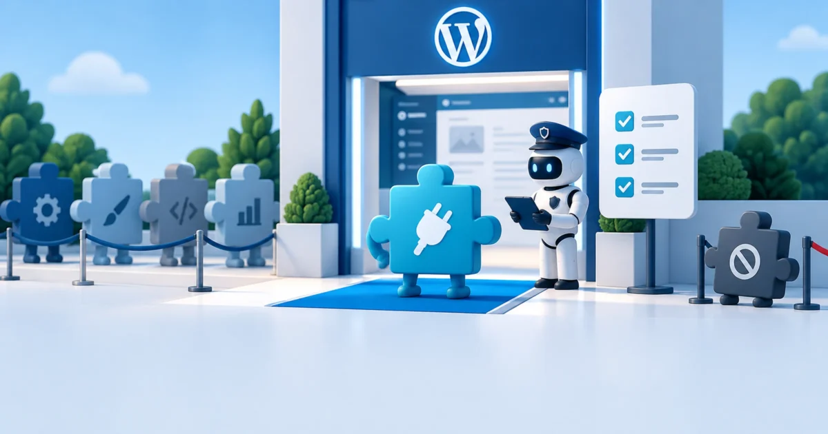 A plugin piece being inspected at a checkpoint into a WordPress site, beside a checklist, with other plugin pieces waiting outside